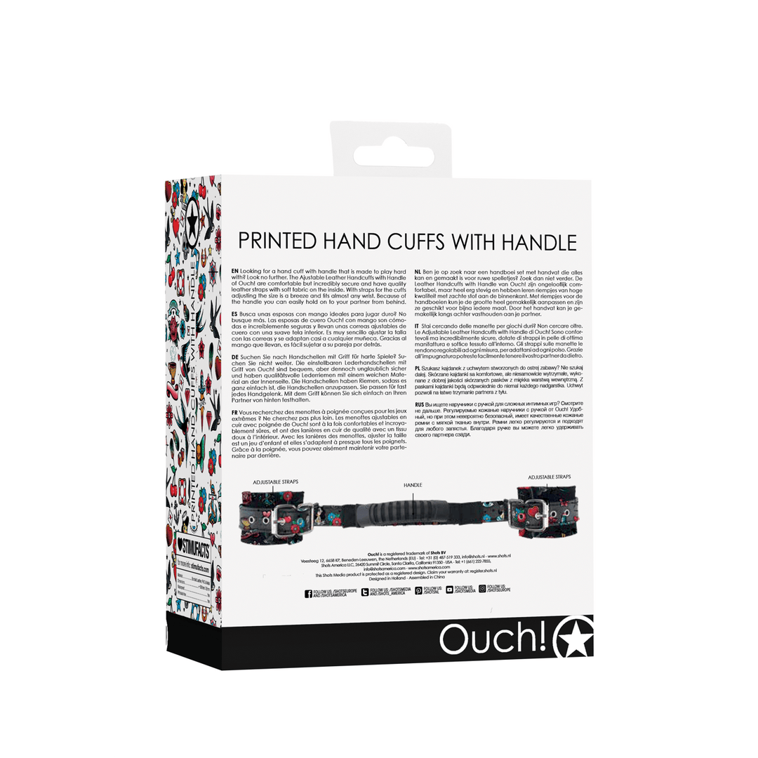 Handfesseln Ouch mit Tattoo-Druck und Haltegriff 59 cm Schwarz-Bunt – Ansicht 3