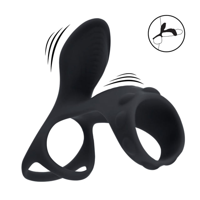 Hodenring mit Vibration und Schaftschlaufe aus Silikon Schwarz 14 cm