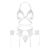 Leg Avenue - Vierteiliges Set: Bh, g-String, Strumpfgürtel und Handgelenk-Manschetten, Eine Grösse - Weiss