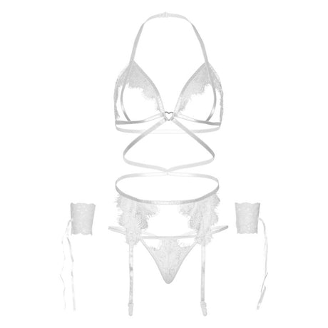 Leg Avenue - Vierteiliges Set: Bh, g-String, Strumpfgürtel und Handgelenk-Manschetten, Eine Grösse - Weiss
