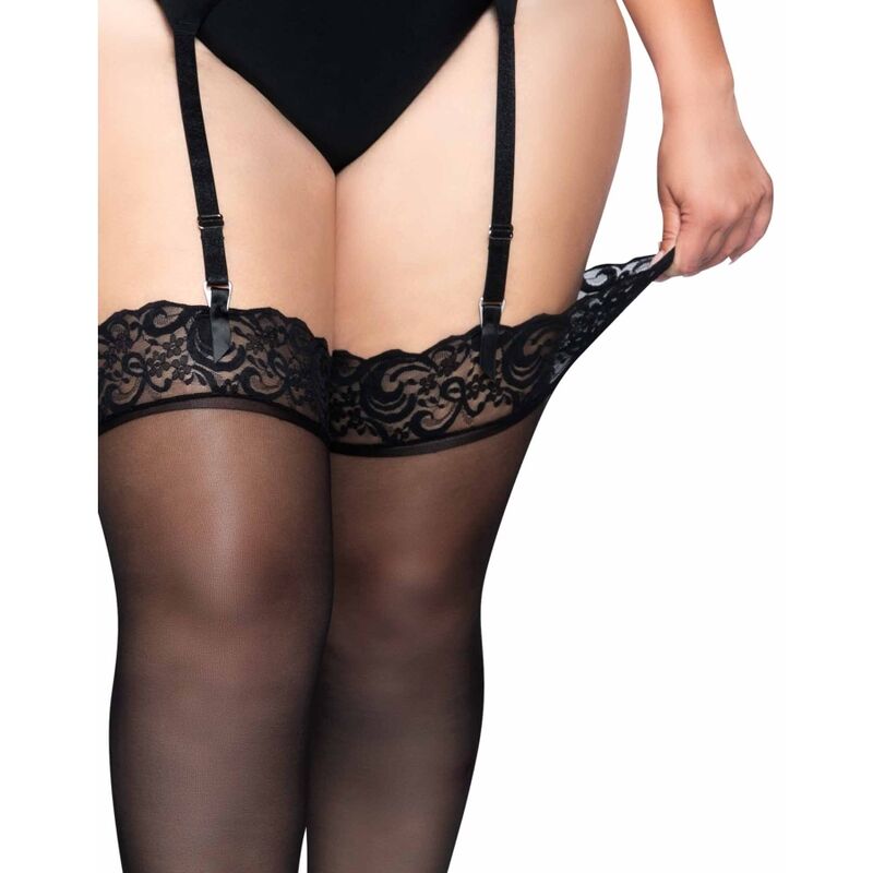 Leg Avenue - Outlet - Schwarze Nylonstrümpfe mit Spitzenabschluss plus