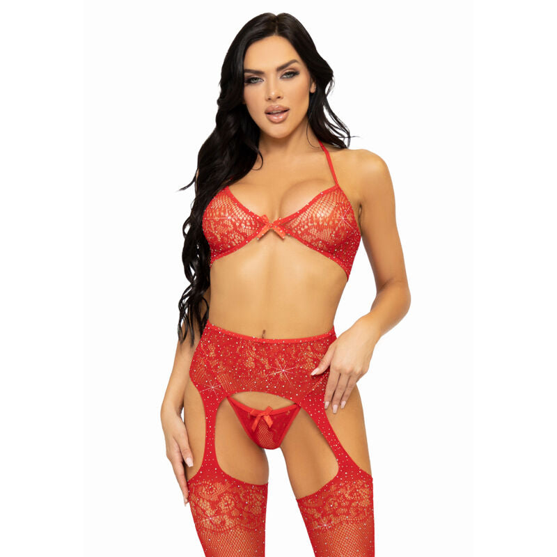 Leg Avenue - Dreiteiliges Set Bh, String und Strumpf, Eine Grösse - Rot