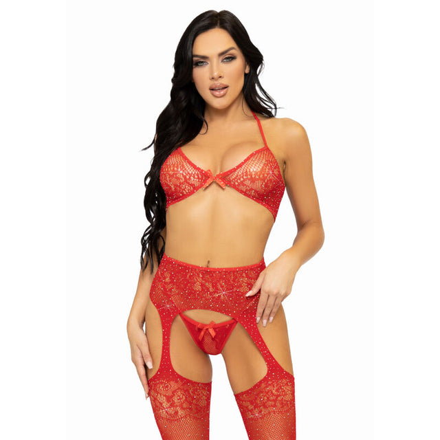 Leg Avenue - Dreiteiliges Set Bh, String und Strumpf, Eine Grösse - Rot