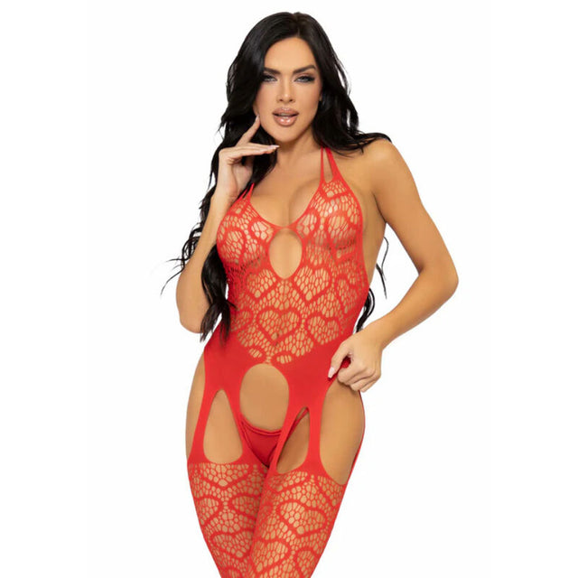 Leg Avenue - Net Suspender Bodystocking, Eine Grösse - Rot