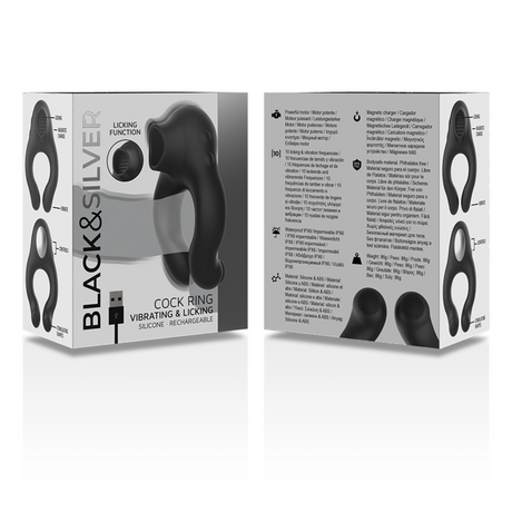 Black&Silver - Vibratorring aus Silikon, 3 Motoren, Wiederaufladbar, Schwarz