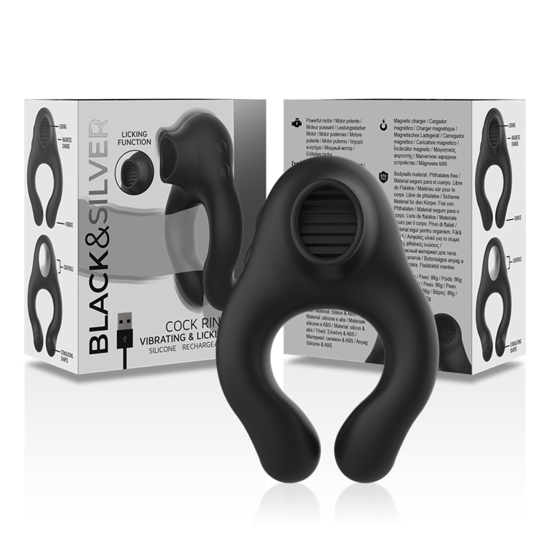 Black&Silver - Vibratorring aus Silikon, 3 Motoren, Wiederaufladbar, Schwarz