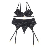 Subblime - 3-Teiliges Set Bh + String + Strumpfband aus Spitze Schwarz S/M