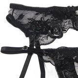 Subblime - 3-Teiliges Set Bh + String + Strumpfband Blumenprint Schwarz S/M