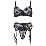 Subblime - 3-Teiliges Set Bh + String + Strumpfband Blumenprint Schwarz S/M