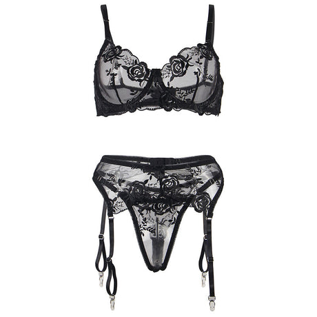 Subblime - 3-Teiliges Set Bh + String + Strumpfband Blumenprint Schwarz S/M
