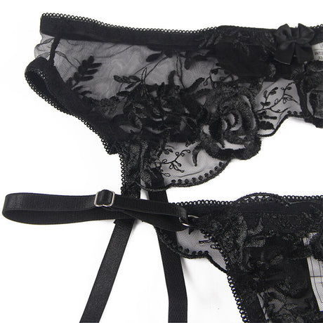 Subblime - 3-Teiliges Set Bh + String + Strumpfband Blumenprint Schwarz L/XL