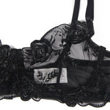 Subblime - 3-Teiliges Set Bh + String + Strumpfband Blumenprint Schwarz L/XL