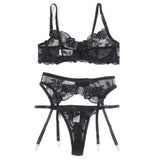 Subblime - 3-Teiliges Set Bh + String + Strumpfband Blumenprint Schwarz L/XL