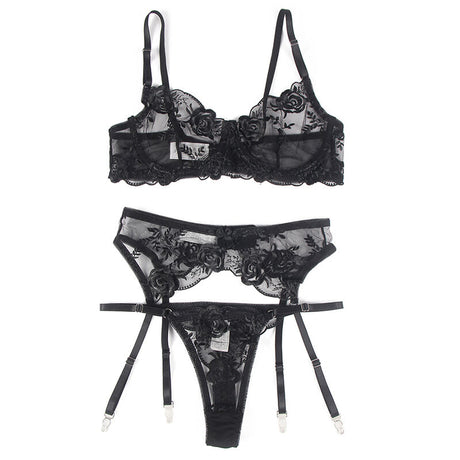 Subblime - 3-Teiliges Set Bh + String + Strumpfband Blumenprint Schwarz L/XL