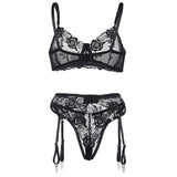 Subblime - 3-Teiliges Set Bh + String + Strumpfband Blumenprint Schwarz L/XL