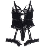 Subblime - Teddy mit Strumpfband mit Spitzendetail und Streifen Schwarz S/M