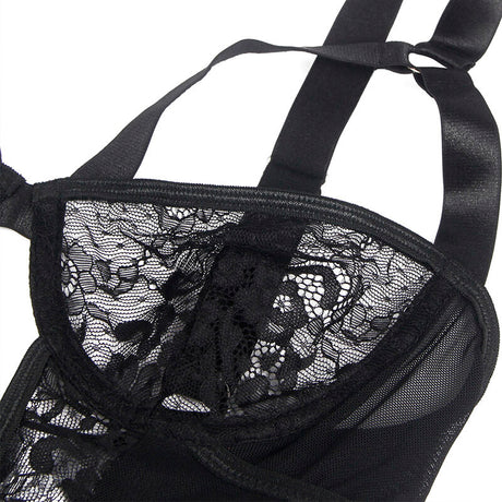 Subblime - Teddy mit Strumpfband mit Spitzendetail und Streifen Schwarz L/XL