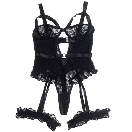 Subblime - Teddy mit Strumpfband mit Spitzendetail und Streifen Schwarz L/XL