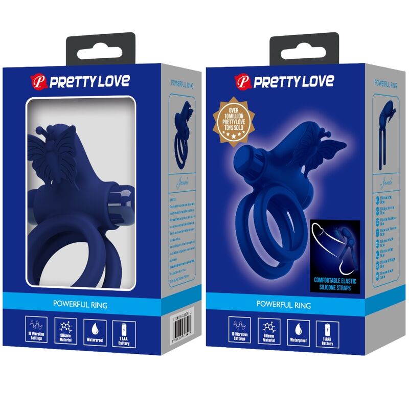 Pretty Love - Jamele Doppelring mit Vibration & Schmetterlingstimulator Blau