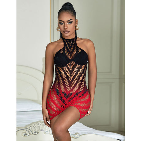 Subblime - 952242 Roter und Schwarzer Kleid aus Elastischem Netz mit Abgeschnittenem Degrad Eine Grösse
