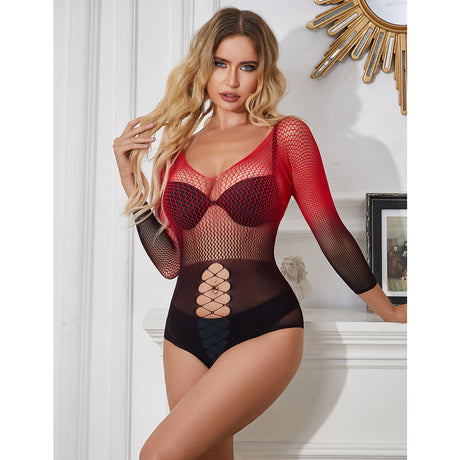 Subblime - 952259 Roter und Schwarzer Kleid mit Langen Rmeln und Elastischem Netzverlauf Eine Grösse