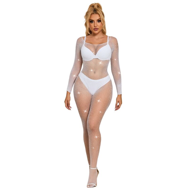 Subblime - 952396 Netz-Bodystocking mit Diamanten Langarm Weiss Eine Grösse