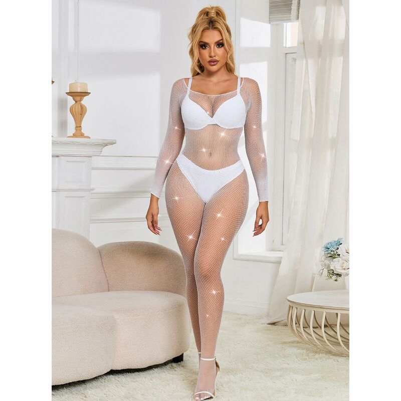 Subblime - 952396 Netz-Bodystocking mit Diamanten Langarm Weiss Eine Grösse