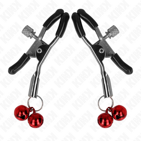 Nippelklemmen mit zwei roten Glöckchen Schwarz 6 cm