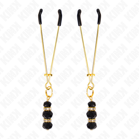 Kink - Goldene Dünne Nippelklemmen mit 3 Schwarzen Glasperlen 7 cm