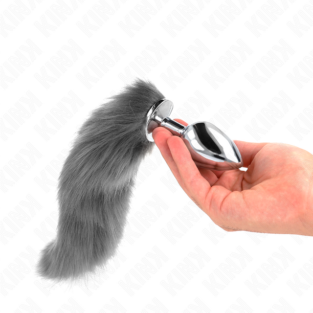 Kink - Anal Plug Grösse L 10 x 4 cm mit Kunststoffschwanz 40 cm Grau und Weiss