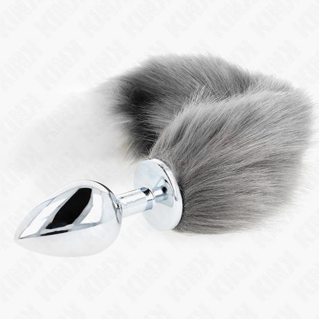 Kink - Anal Plug Grösse L 10 x 4 cm mit Kunststoffschwanz 40 cm Grau und Weiss