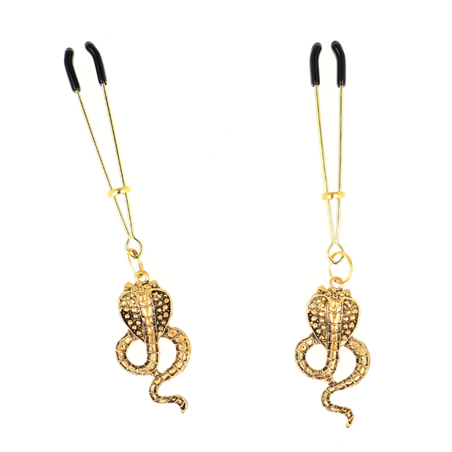 Nippelklemmen Pinzettenform mit Kobra-Anhänger Gold 6 cm