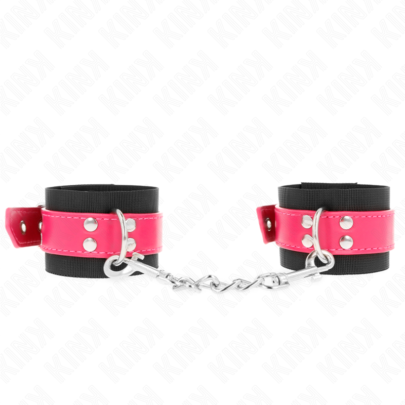 Kink - Nylon Handgelenkfesseln Schwarz mit Kunstledergürtel Himbeerrosa Verstellbar 19-29 cm x 5,1 cm