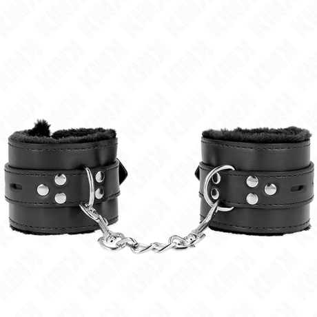 Kink - Pelzgefütterte Handgelenkfesseln mit Quadratischen Löchern, Schwarz und Schwarz, Verstellbarer Gürtel 17-29 cm x 6 cm