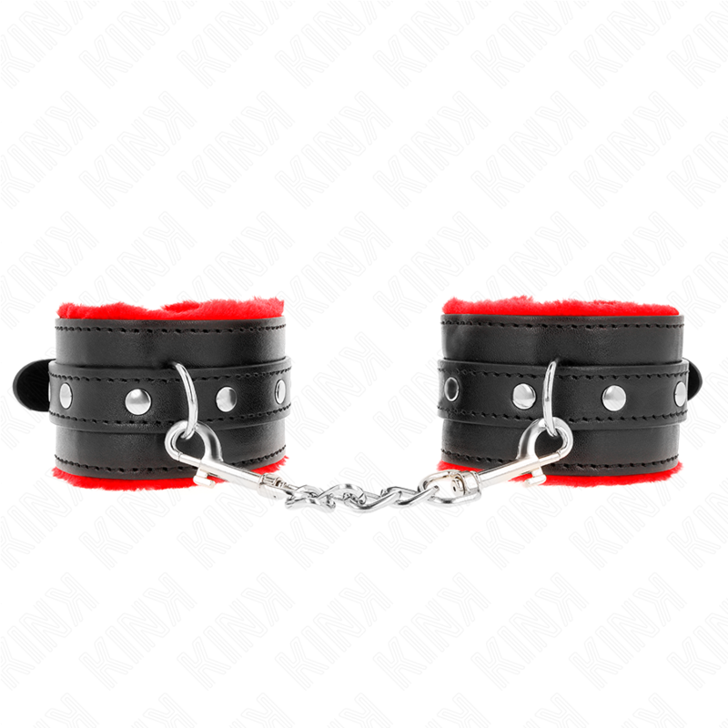 Kink - Premium Pelzgefütterte Handgelenkfesseln Rot mit Schwarzem Gürtel Verstellbar 17-29 cm x 6 cm
