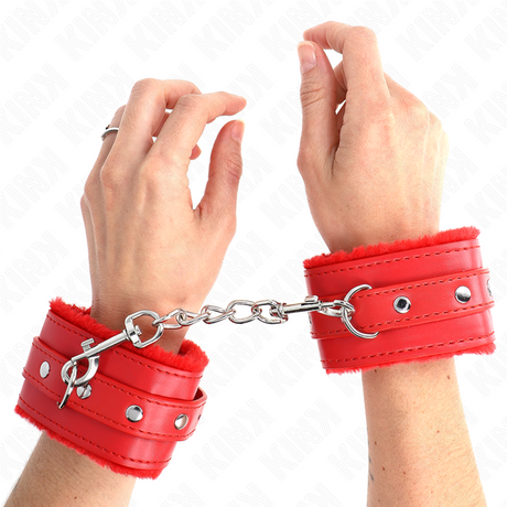 Kink - Premium Pelzgefütterte Handgelenkfesseln Rot mit Rotem Gürtel Verstellbar 17-29 cm x 6 cm