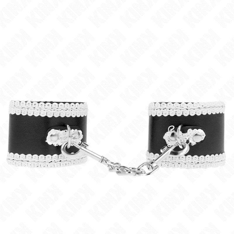 Kink - Schwarze Handgelenkfesseln mit Weisser Dekorierter Spitze, Verstellbar 20-23 cm x 5,5 cm