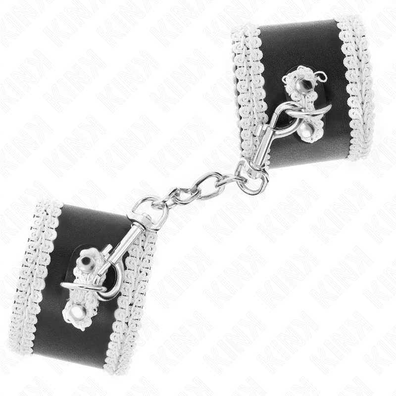 Kink - Schwarze Handgelenkfesseln mit Weisser Dekorierter Spitze, Verstellbar 20-23 cm x 5,5 cm