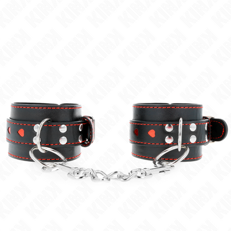 Kink - Schwarze Handgelenkfesseln mit Roter Herzeinlage, Verstellbar 21-28 cm x 5,5 cm