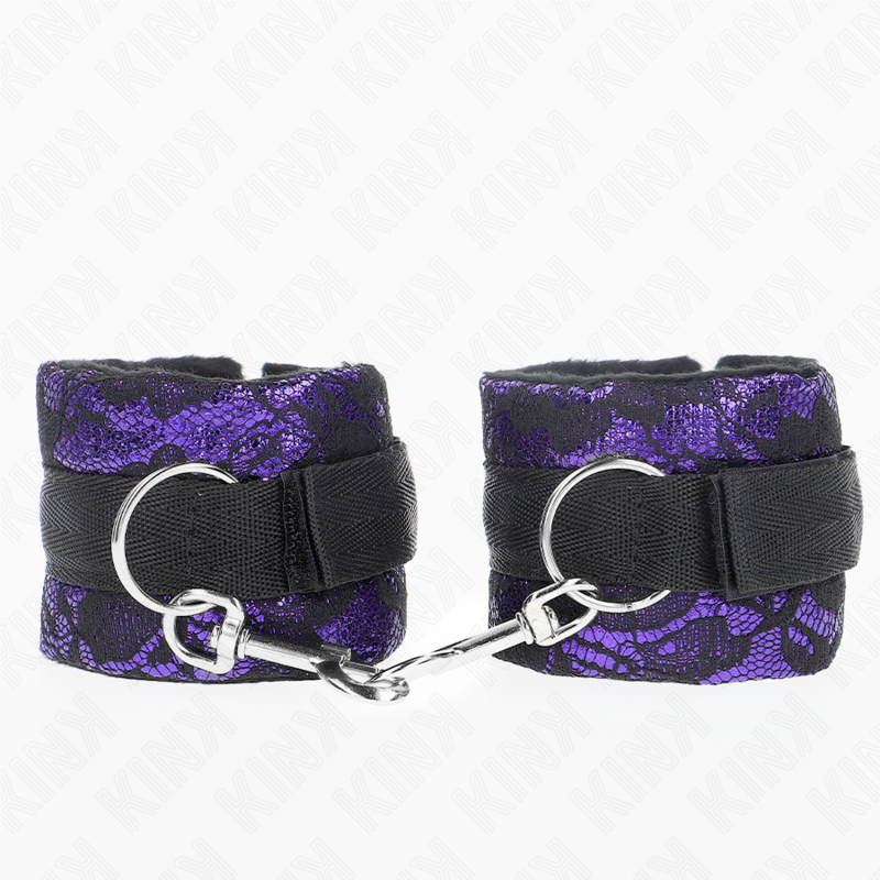 Kink - Kurze Handgelenksfesseln aus Samtspitze und Nylonbindung Lila/Schwarz 23 x 6,5 cm