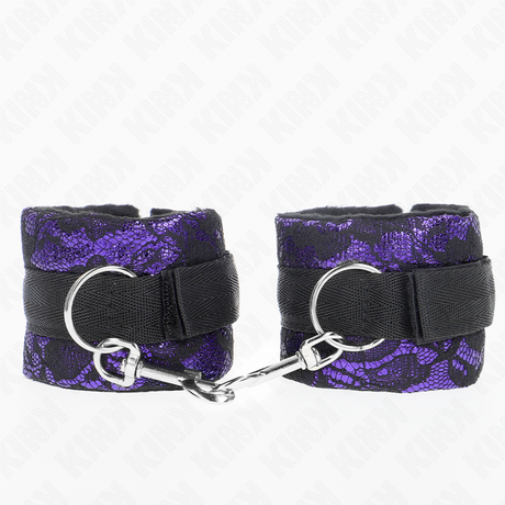 Kink - Kurze Handgelenksfesseln aus Samtspitze und Nylonbindung Lila/Schwarz 23 x 6,5 cm