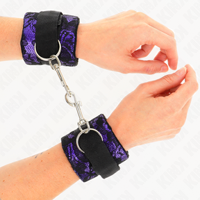 Kink - Kurze Handgelenksfesseln aus Samtspitze und Nylonbindung Lila/Schwarz 23 x 6,5 cm