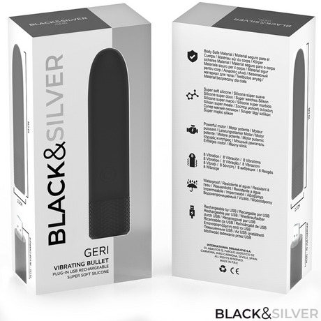 Black & Silver - Geri USB Wiederaufladbarer Vibrierender Bullet 8 Vibrationen Schwarz 10 x 2,2 cm