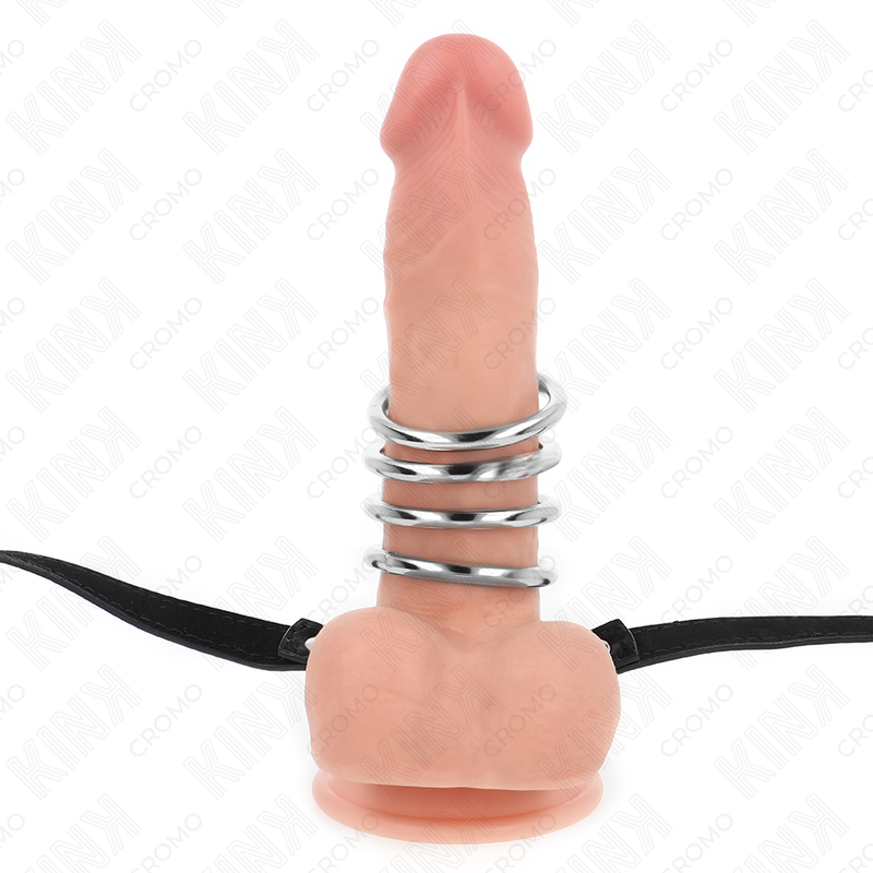 Kink - 5 Penisringe 3,8 cm Bis 5 cm Metall mit Ledergurt 112 cm