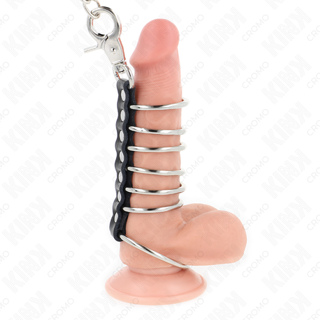 Kink - 7 Penisringe aus Metall 3,8 cm Bis 5 cm Verbunden mit Leder und Metallkette 100 cm