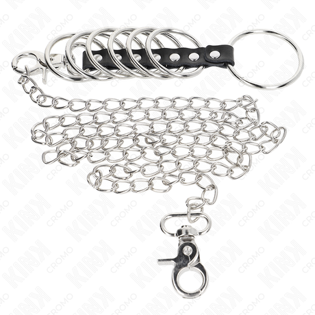 Kink - 7 Penisringe aus Metall 3,8 cm Bis 5 cm Verbunden mit Leder und Metallkette 100 cm