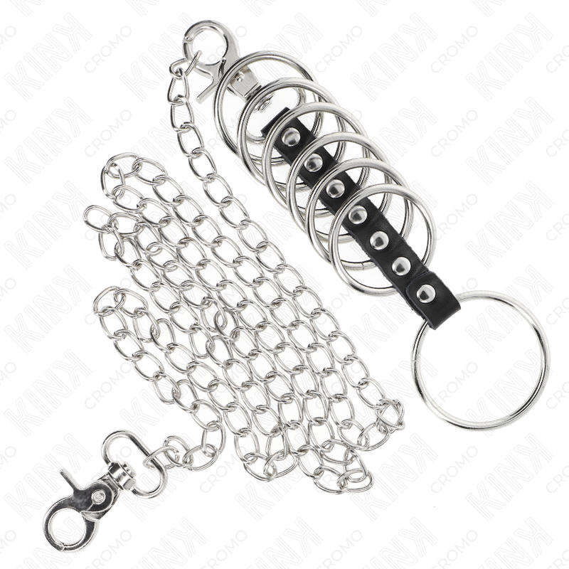 Kink - 7 Penisringe aus Metall 3,8 cm Bis 5 cm Verbunden mit Leder und Metallkette 100 cm