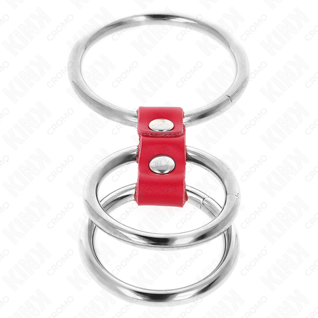 Kink - Dreifach Metall Penisring 3,7 cm Bis 5 cm Verbunden mit Rotem Leder