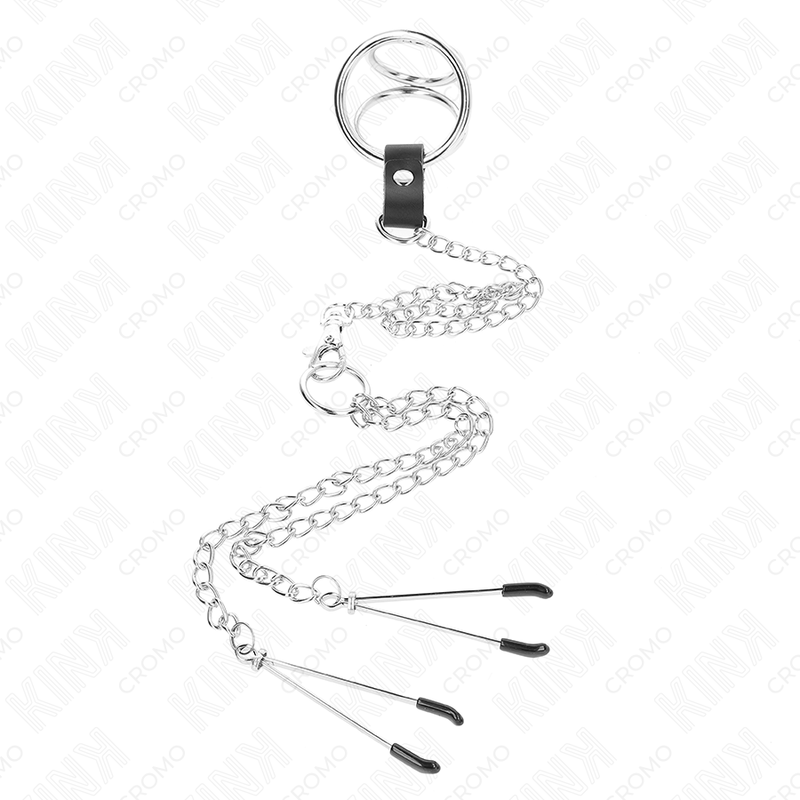 Kink - Dreifach Chrom Metall Penisring 3,8 cm Bis 5 cm mit 26 cm Metallkette und Nippelklemmen Modell 2