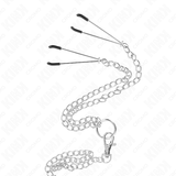 Kink - Dreifach Chrom Metall Penisring 3,8 cm Bis 5 cm mit 26 cm Metallkette und Nippelklemmen Modell 2